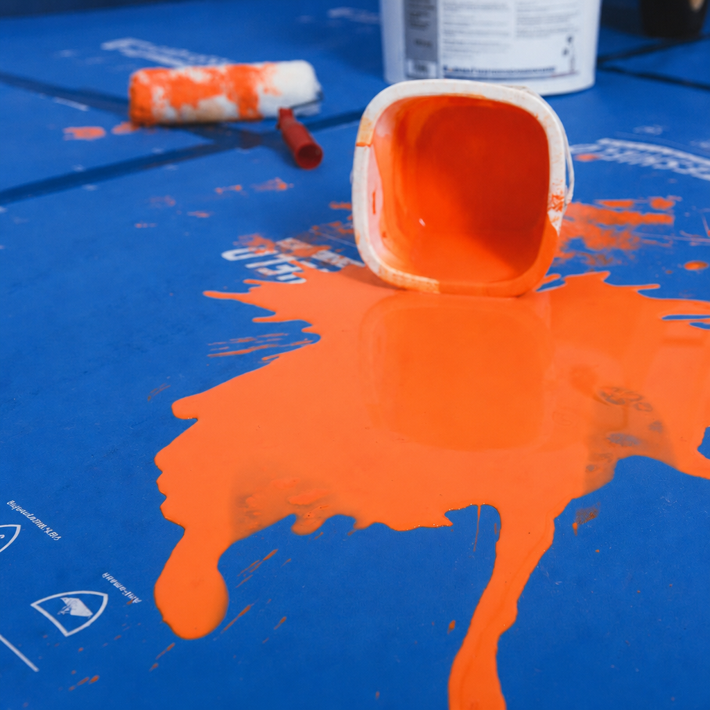 Orange paint spilled on blue Site Armour, beading on the surface