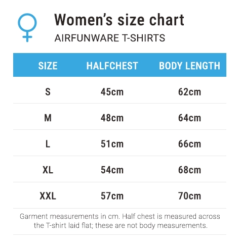 AirFunWare women's T-shirt size chart in centimetres