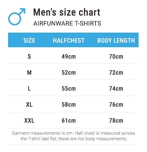 AirFunWare men's T-shirt size chart in centimetres