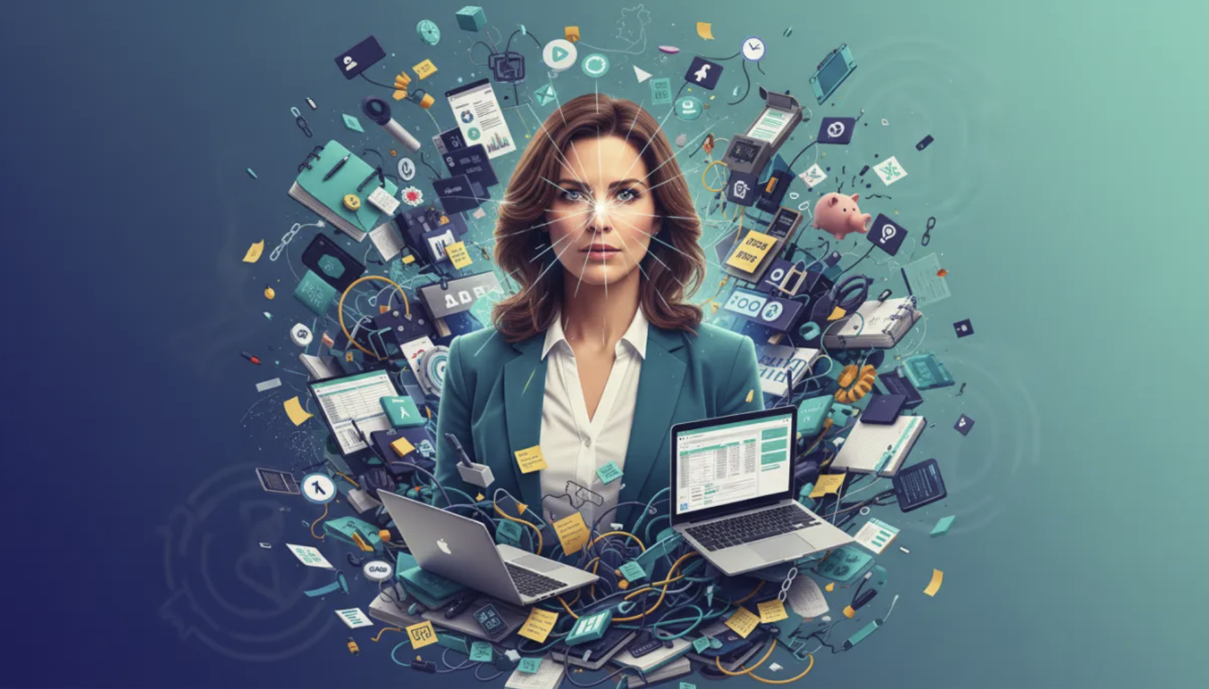 Woman with scatter business systems graphic