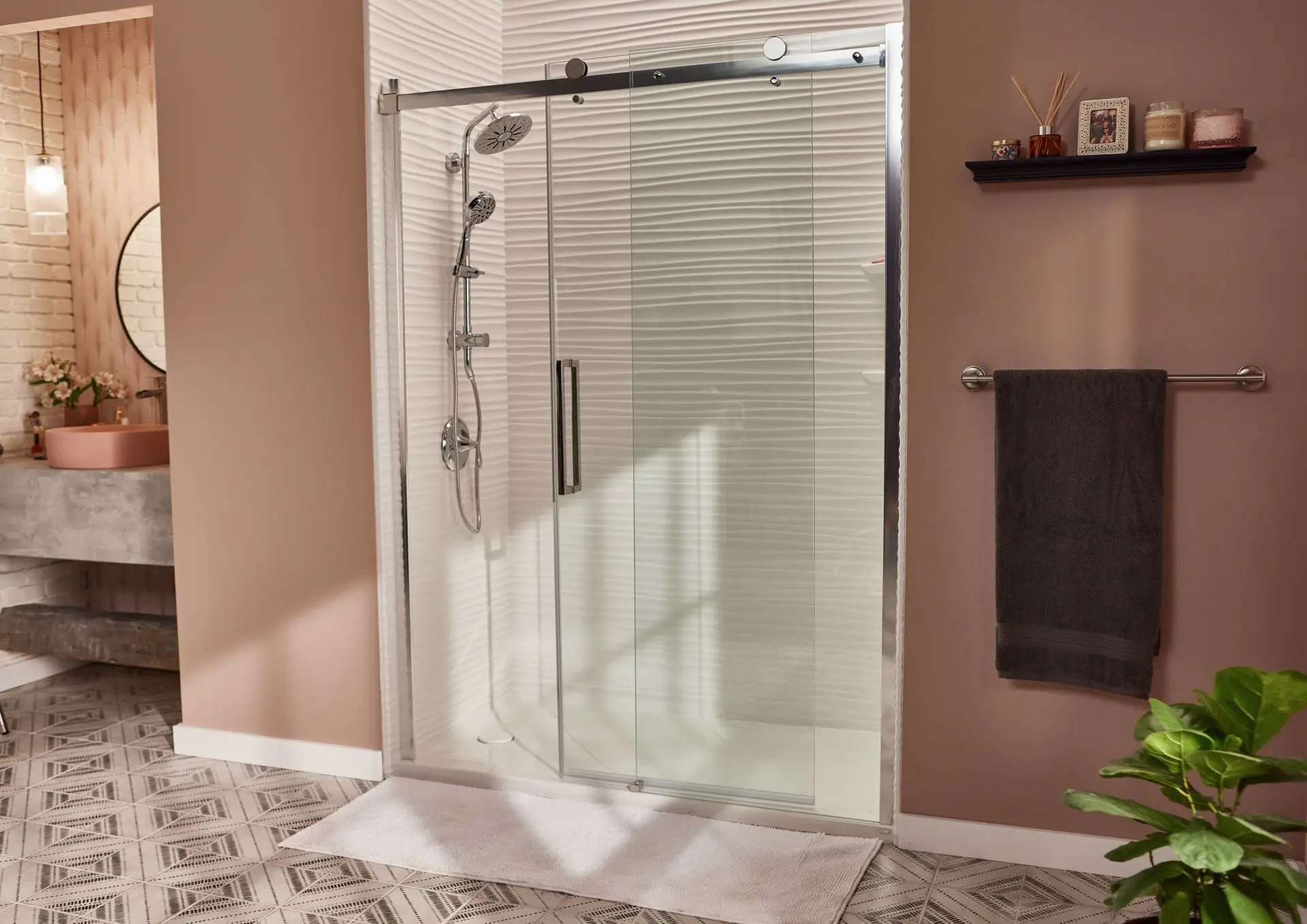 Jacuzzi shower with a sliding glass door