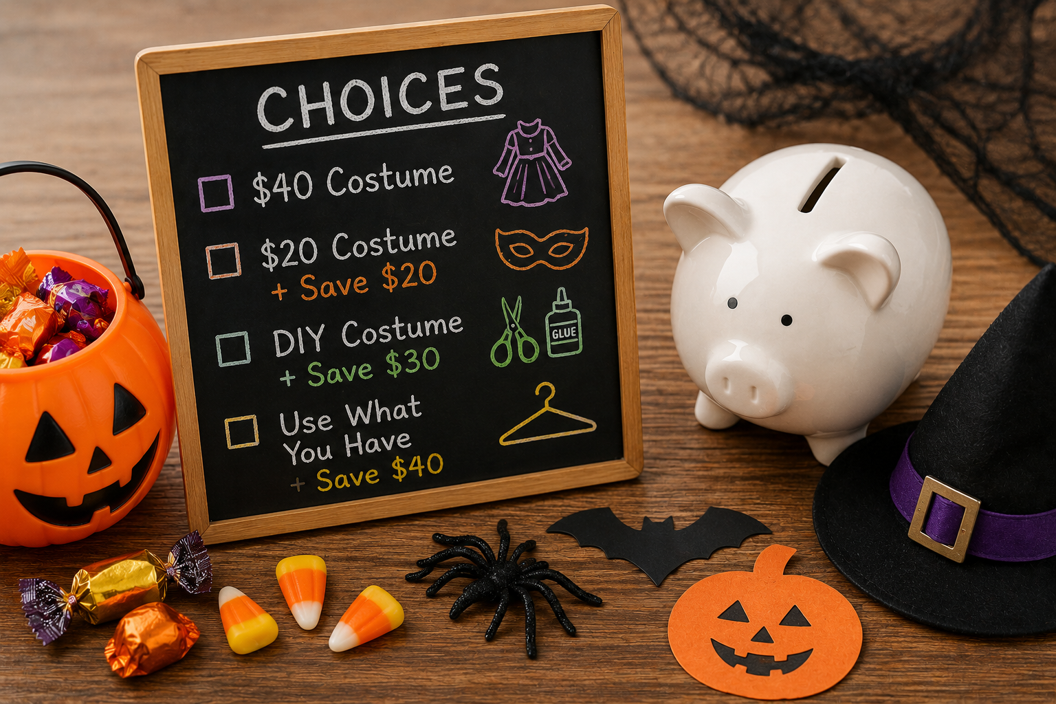 Halloween decor with a chalkboard outlining choices to buy