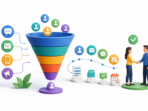 Lead nurturing process illustration showing customer journey from awareness to conversion using marketing automation