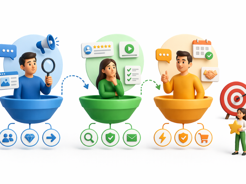Lead nurturing stages illustration showing awareness consideration and decision phases in a customer journey