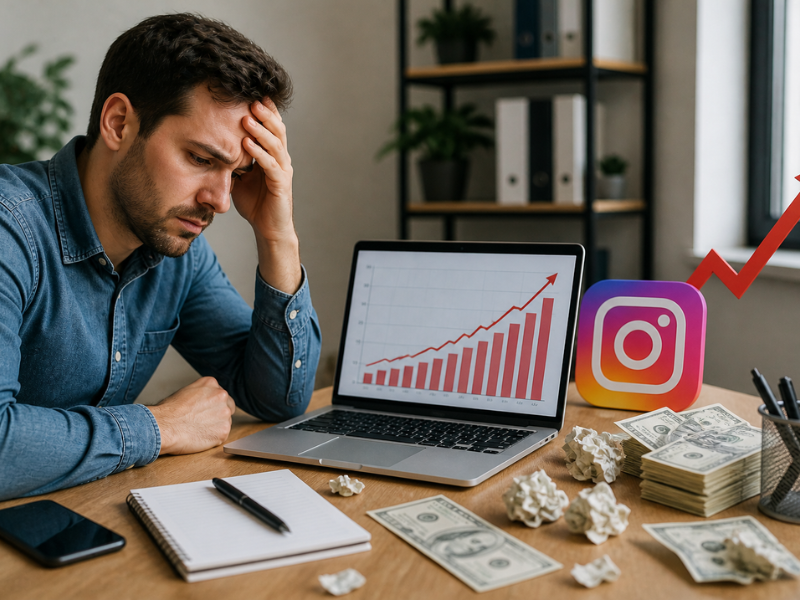 Man stressed while analyzing rising Instagram ad costs on laptop with upward trend graph and marketing data on screen