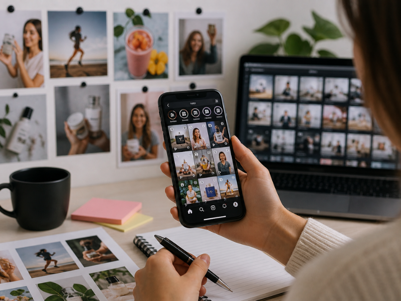 Person reviewing social media ad creatives on smartphone with content planning setup for high performing Instagram ads