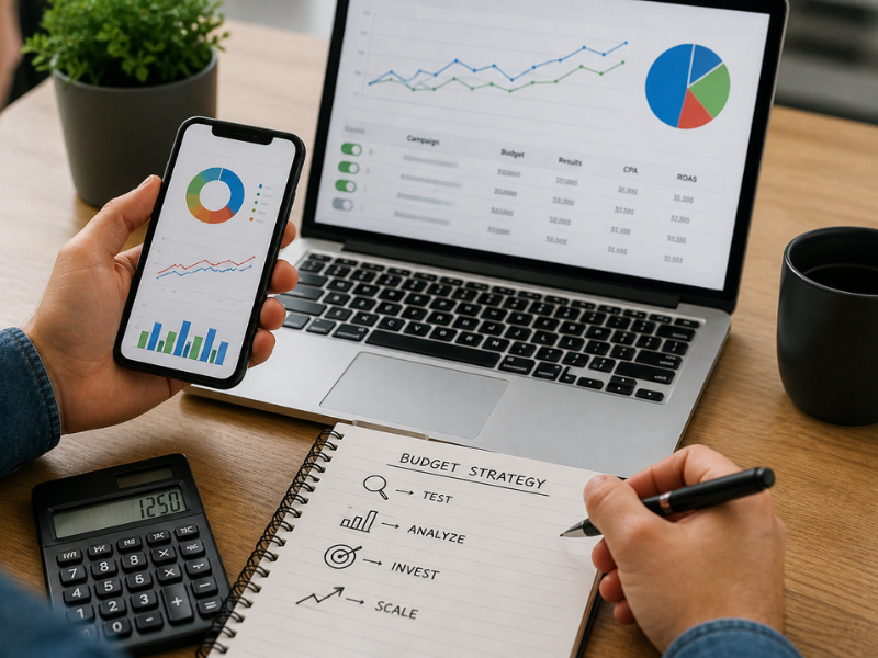 Person analyzing ad performance and budget allocation on laptop and smartphone to optimize marketing campaigns