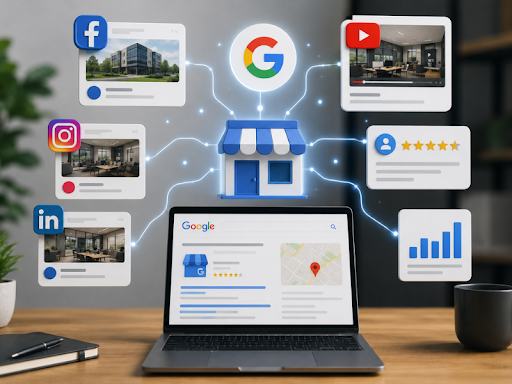 Modern digital marketing illustration showing Google Business Profile connected with Facebook, Instagram, LinkedIn, YouTube, customer reviews, analytics, and social media activity to represent SEO, online visibility, and business trust signals.