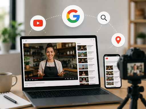Modern video marketing workspace showing a laptop with YouTube video content, smartphone, camera setup, and Google search icons representing video SEO, YouTube marketing, online visibility, and digital content creation for businesses