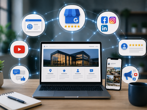 Modern digital marketing illustration showing a business website connected to Google Business Profile, social media platforms, YouTube, customer reviews, and engagement signals to represent online visibility, SEO, and omnipresent digital presence for businesses.
