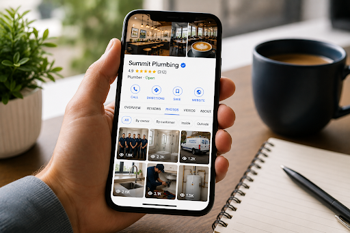 Close-up of a person holding a smartphone displaying an active business profile with customer photos, ratings, and media content, placed on a modern desk with coffee, notebook, and plant, representing trust, local search visibility, and Google Business Profile engagement. Close-up of a person holding a smartphone displaying an active business profile with customer photos, ratings, and media content, placed on a modern desk with coffee, notebook, and plant, representing trust, local search visibility, and Google Business Profile engagement.