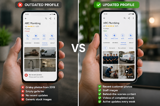Side-by-side comparison of two business profiles displayed on smartphones, showing an outdated profile with old, low-quality images versus an active profile featuring fresh customer photos, staff images, videos, and recent updates, representing the impact of visual content on customer trust and local business visibility. Side-by-side comparison of two business profiles displayed on smartphones, showing an outdated profile with old, low-quality images versus an active profile featuring fresh customer photos, staff images, videos, and recent updates, representing the impact of visual content on customer trust and local business visibility.