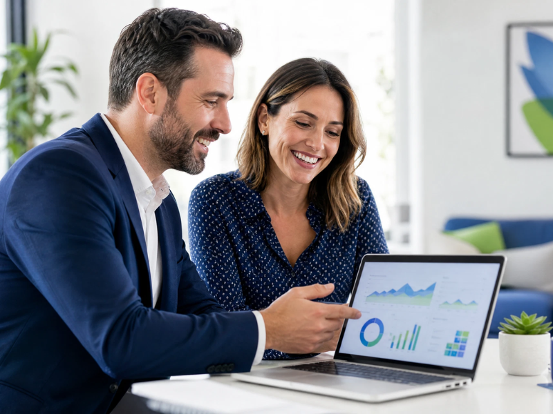 Marketing partner and business owner reviewing a growth strategy