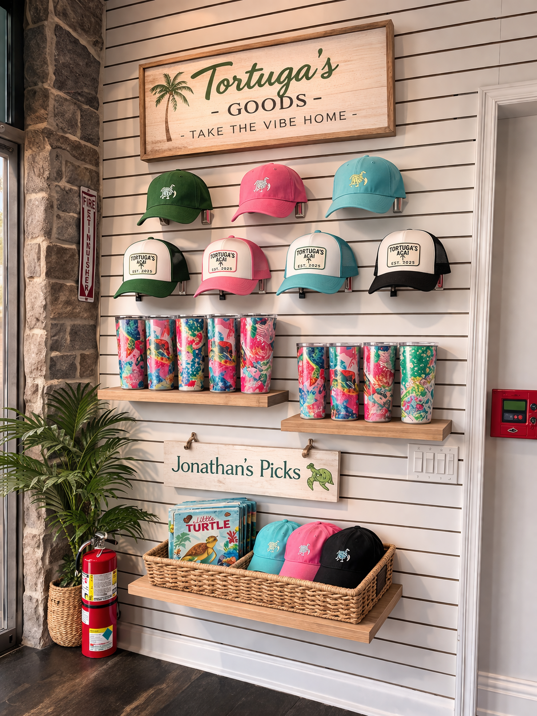 Tortuga's Goods merch wall