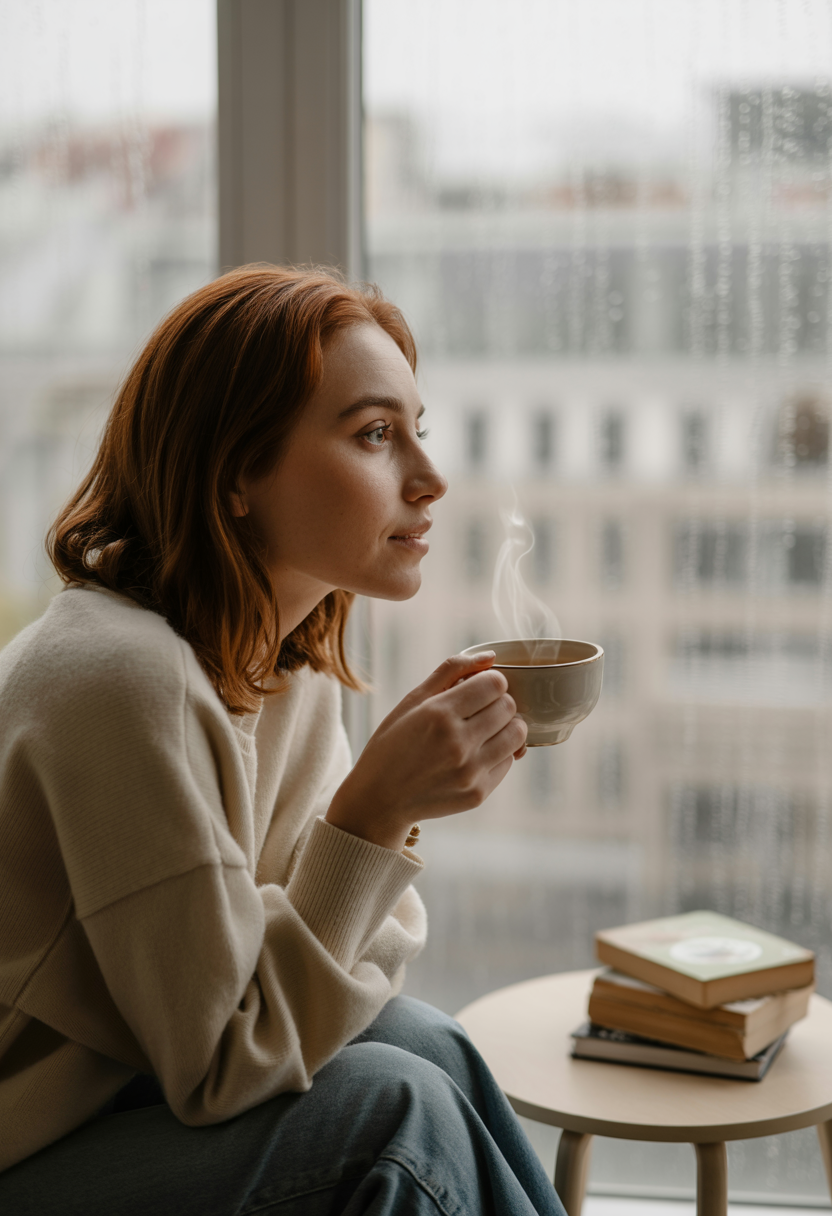 woman sitting by the window sipping coffee