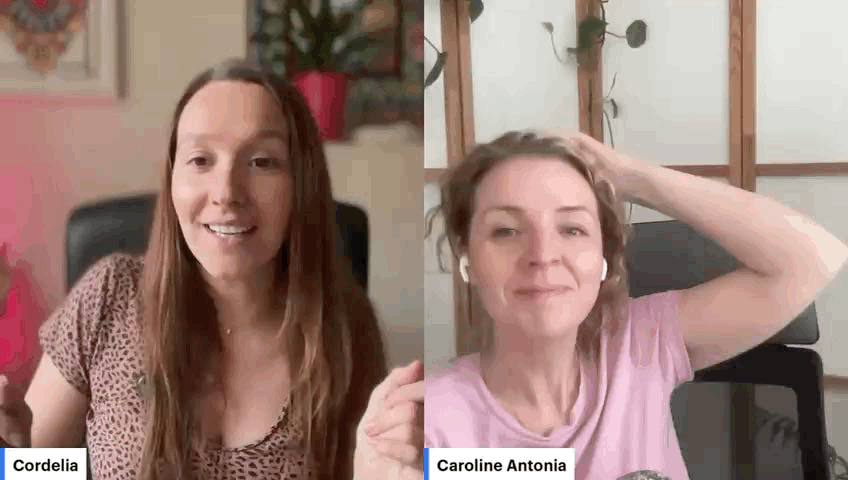 Cordelia and Caroline talking and laughing