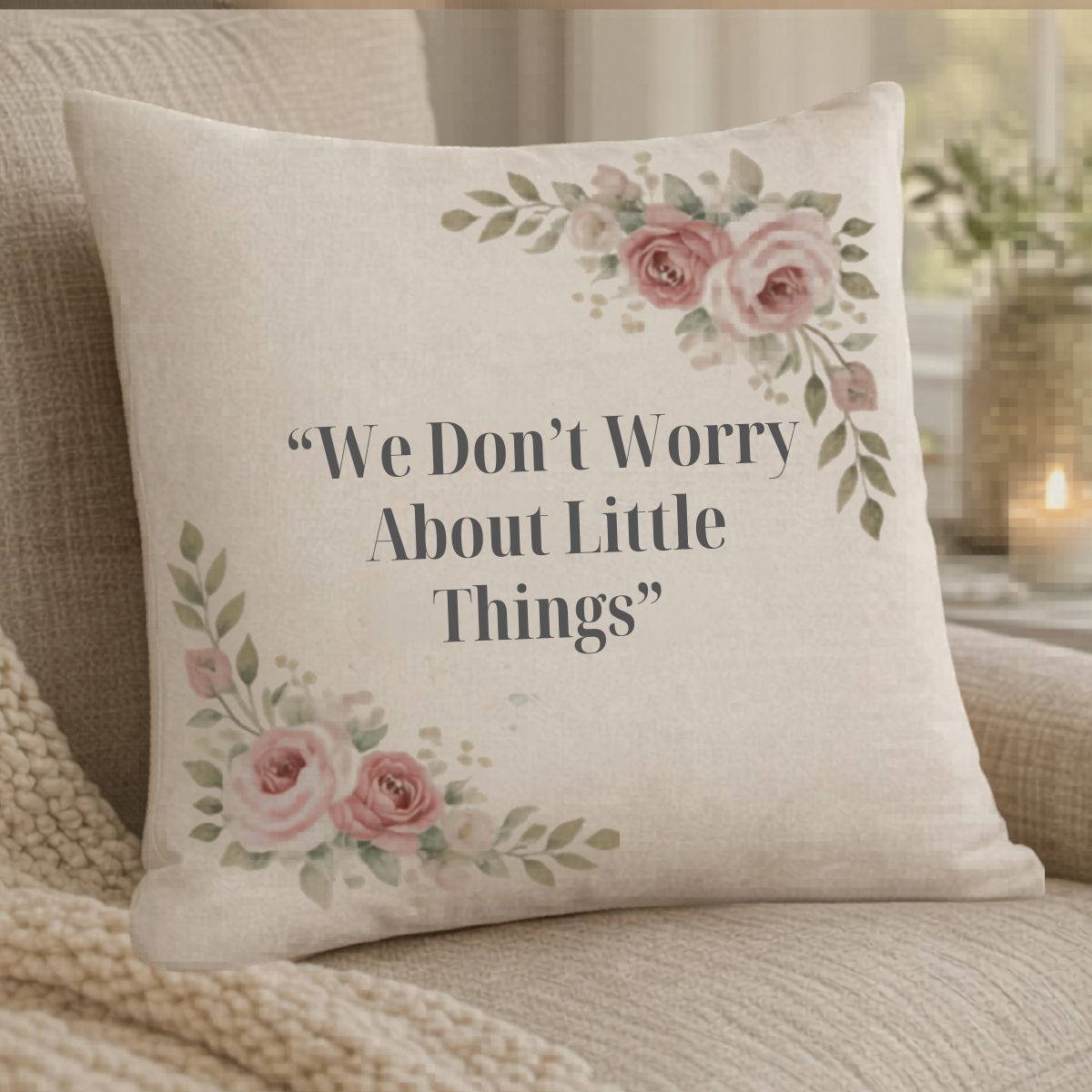 Personalized memorial pillow honoring a beloved mother with the quote “We Don’t Worry About Little Things”