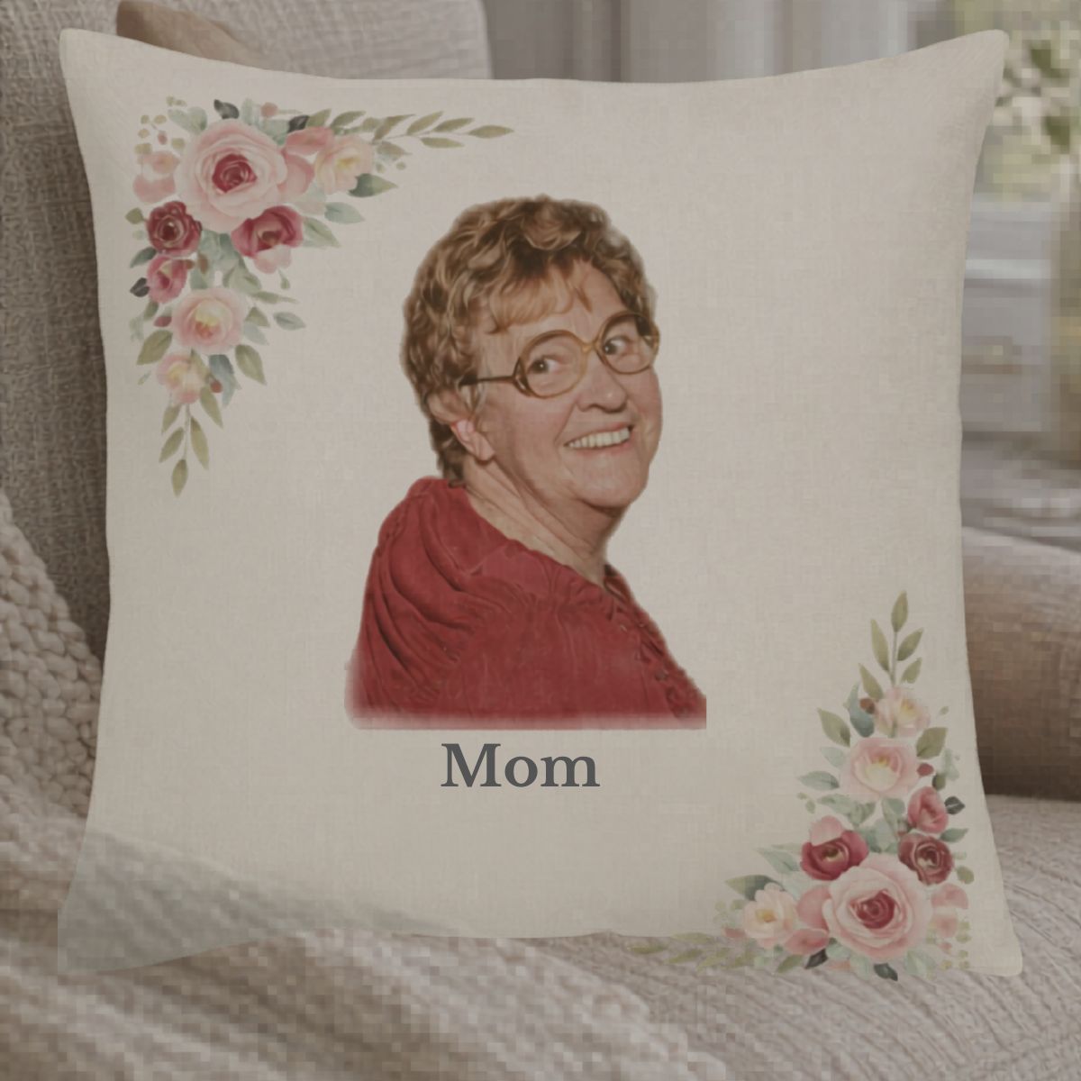 Personalized memorial pillow honoring a beloved mother through a treasured family photo