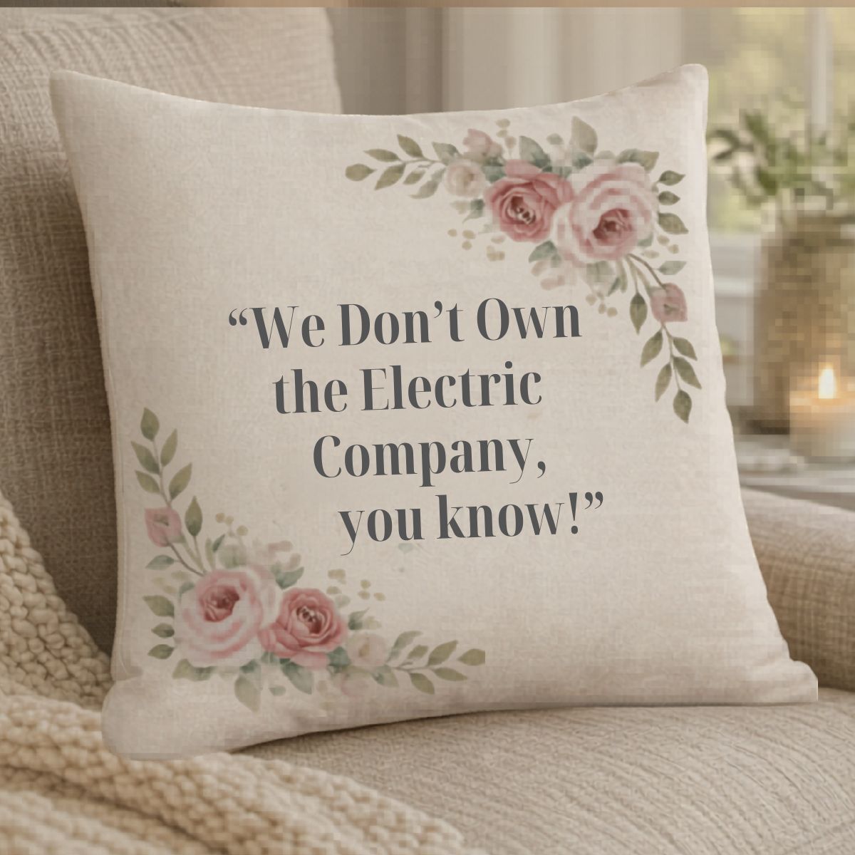 Personalized memorial pillow honoring a beloved father with the quote “We Don’t Own The Electric Company, You Know?”