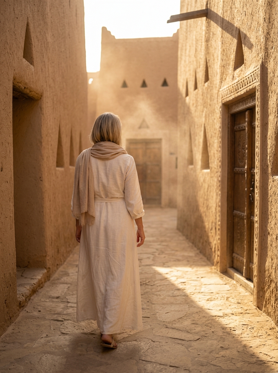 A woman traveler walking through a sunlit mud-brick heritage lane in Saudi Arabia