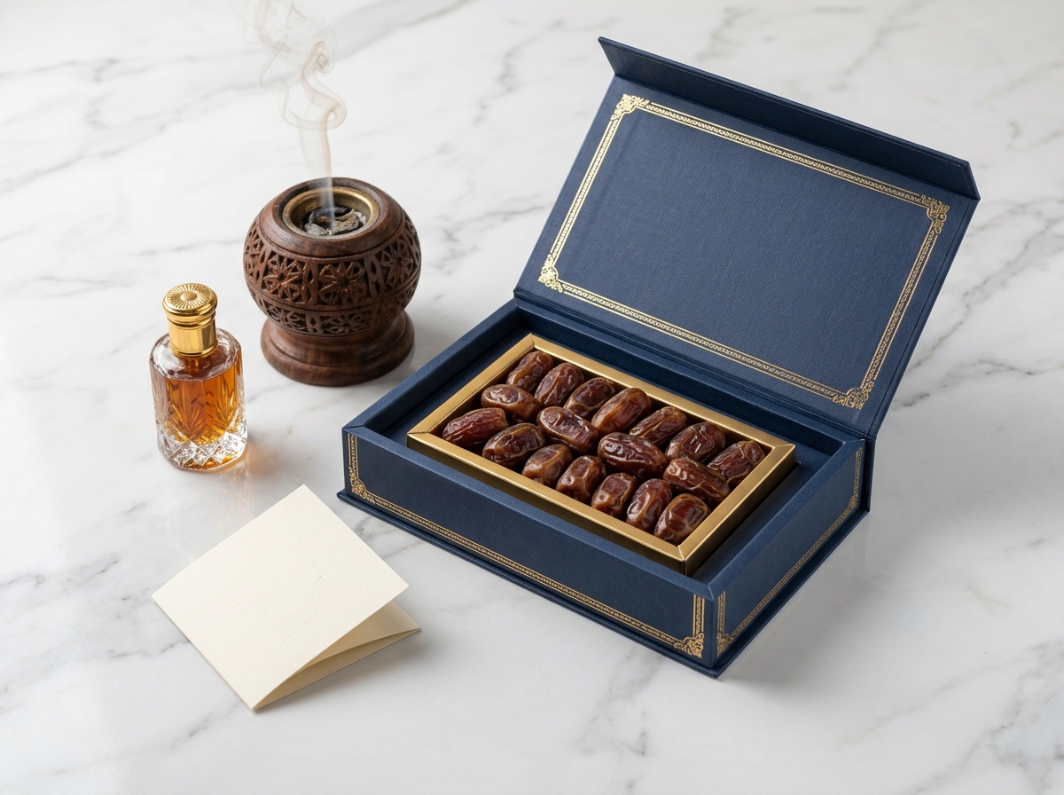 Navy and gold gift box of premium dates beside Arabian perfume and a bakhoor burner