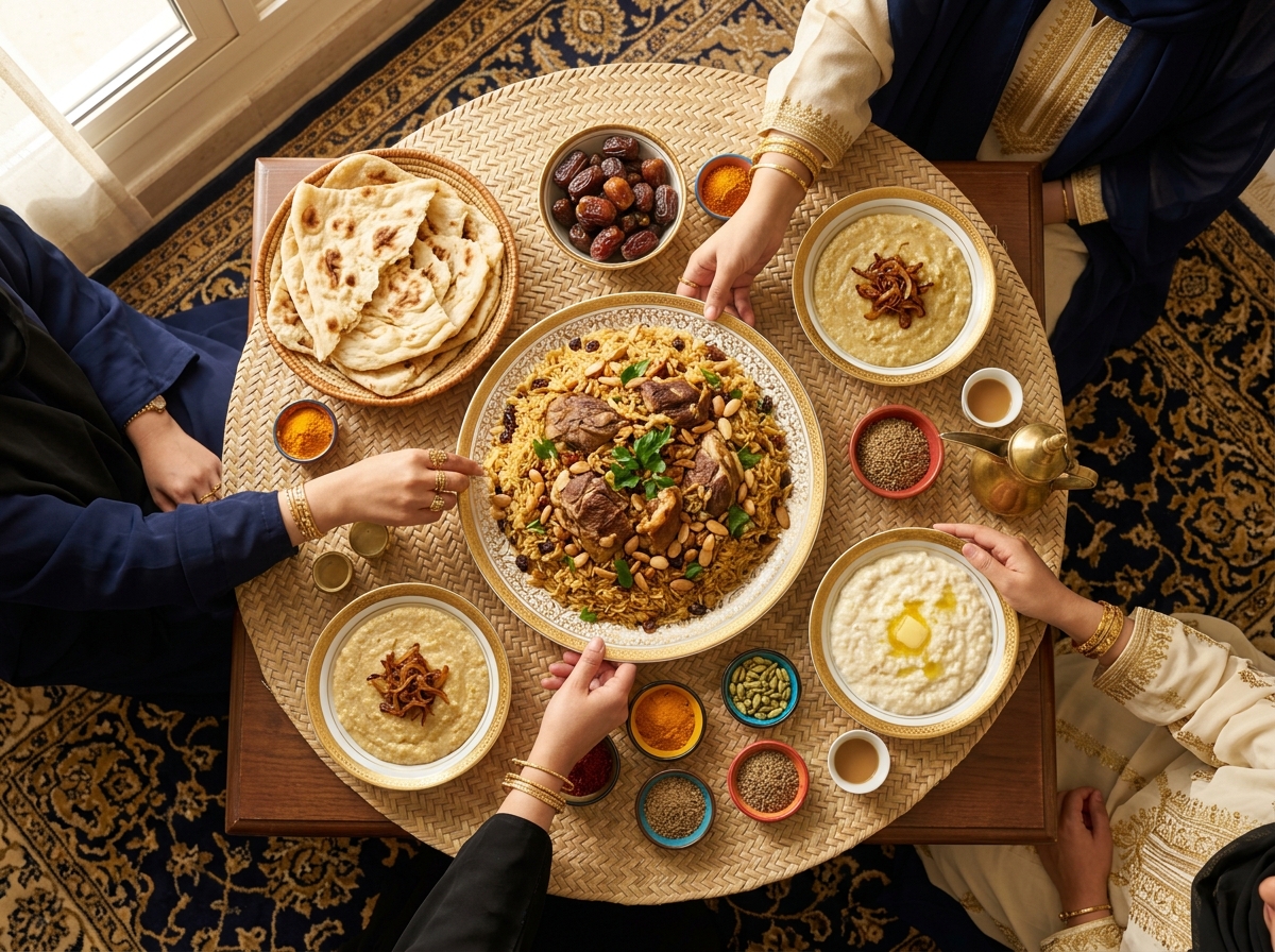 Women's hands sharing a traditional Saudi feast of kabsa, dates and bread