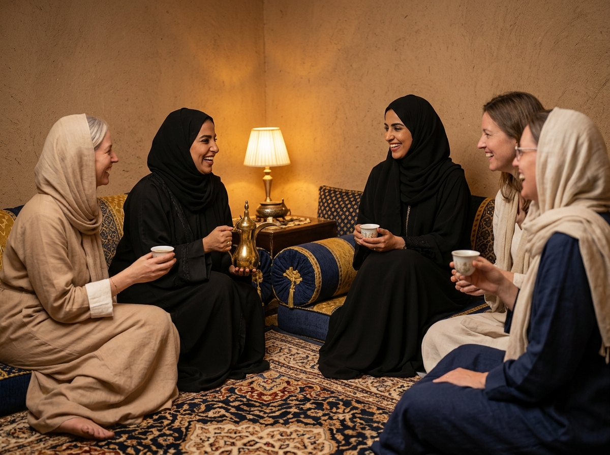 Saudi women hosts sharing Arabic coffee and laughter with international women guests in a majlis