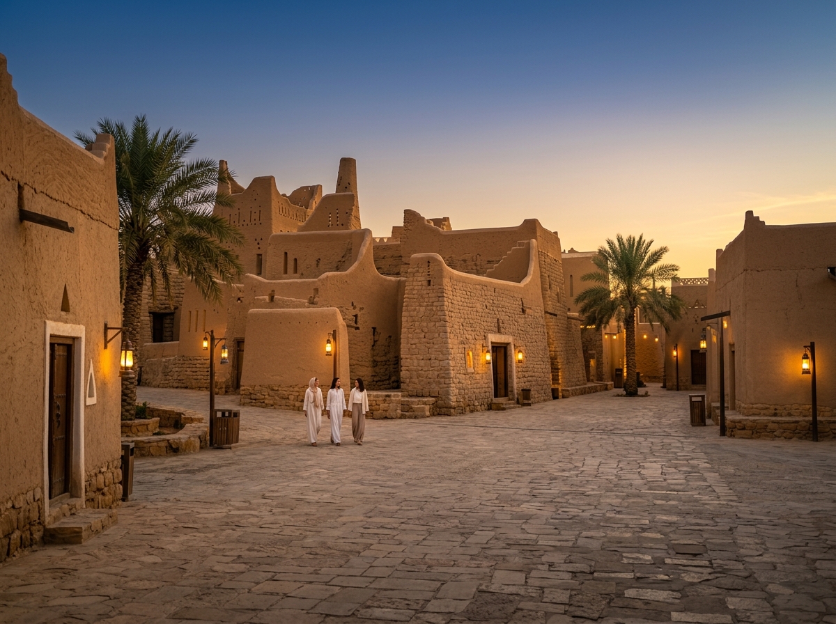 Three women walking through a lantern-lit mud-brick heritage district at sunset