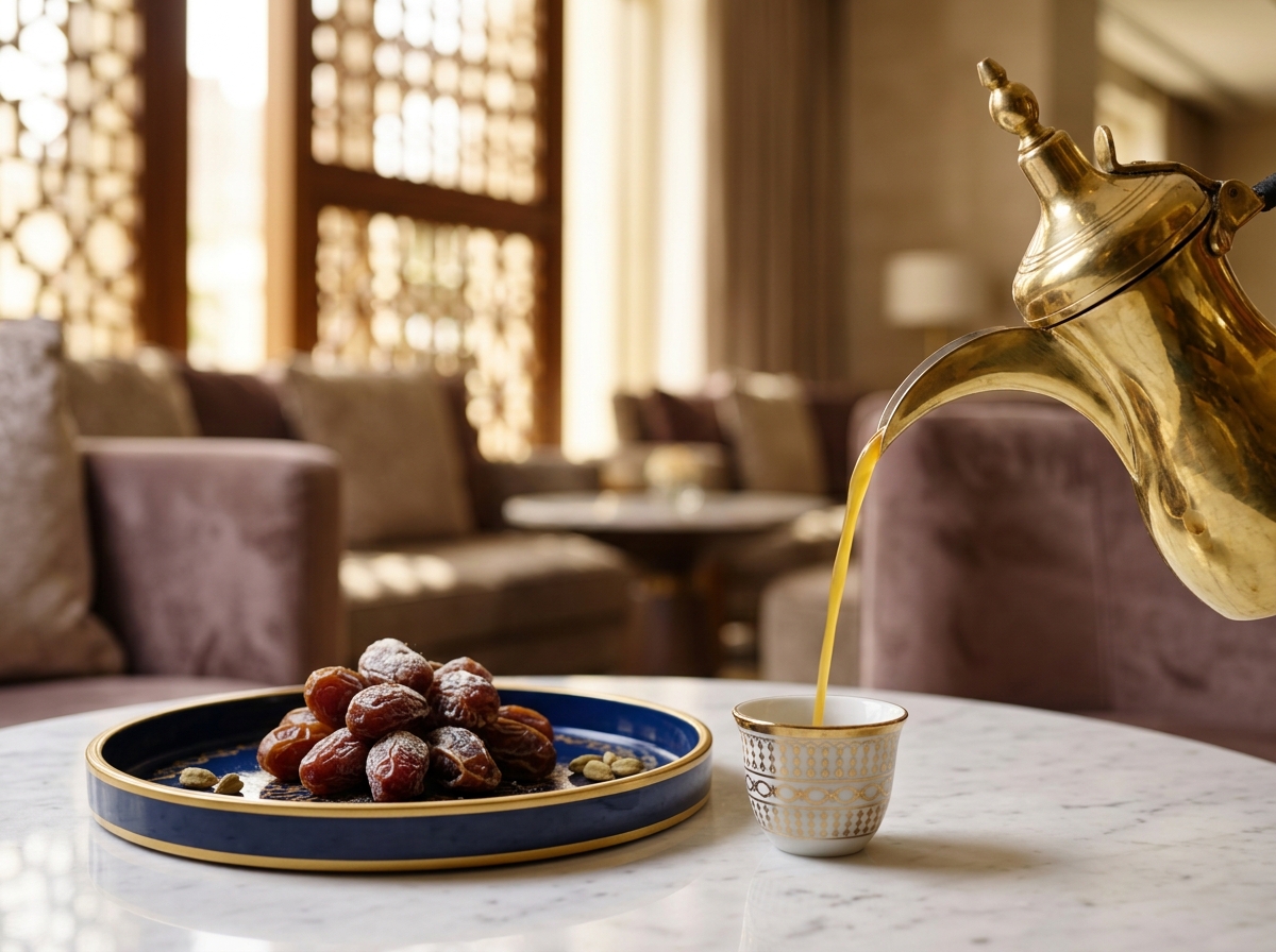 Golden Saudi coffee poured from a brass dallah beside premium dates