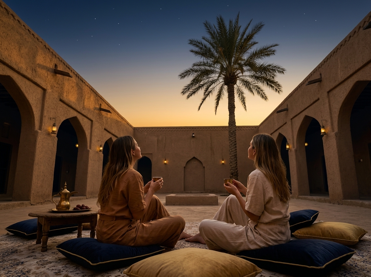 Two women sipping tea in a calm heritage courtyard at dusk