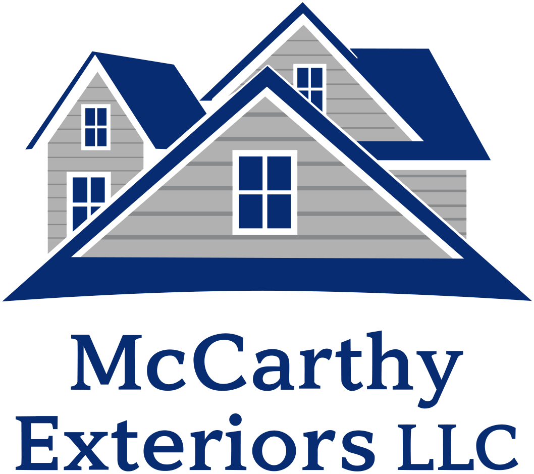 McCarthy Exteriors LLC logo featuring a stylized blue and gray house design