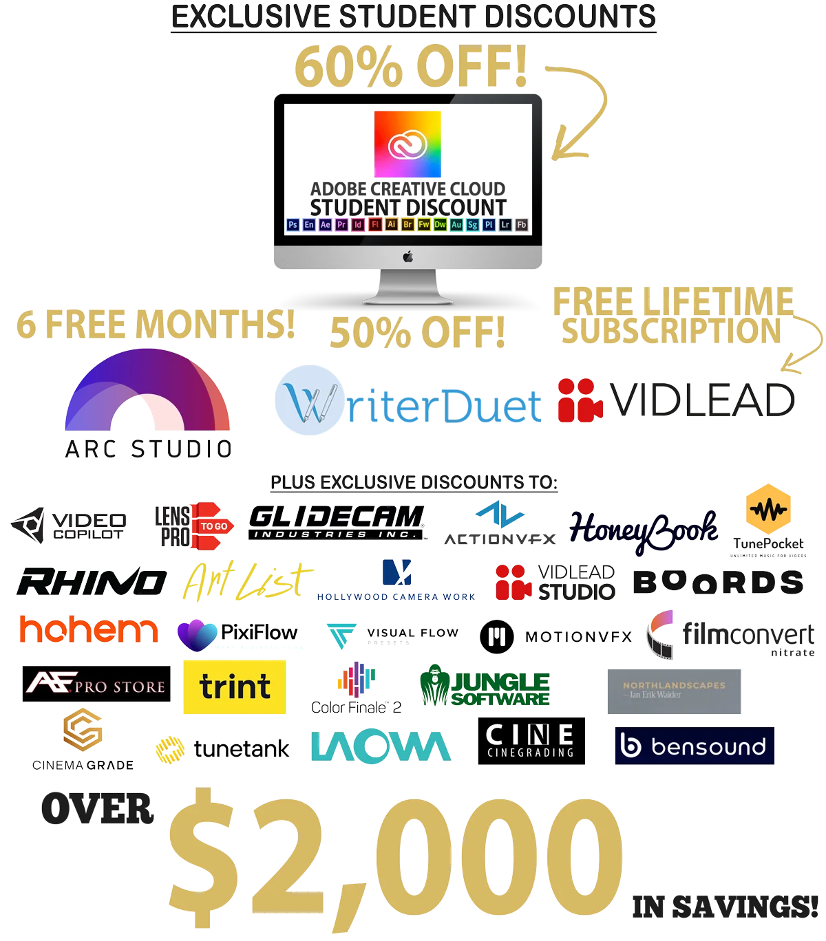 Exclusive student discounts: up to 60% off, 6 free months and free lifetime subscriptions from brands including Arc Studio, VidLead, Glidecam and Rhino, over $2,000 in savings