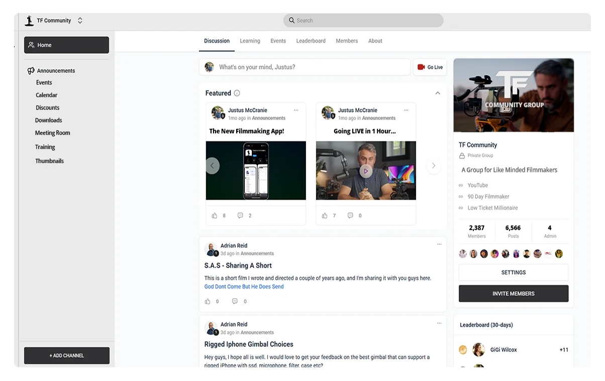 The TF Community group: a discussion feed where students share short films and ask gear questions