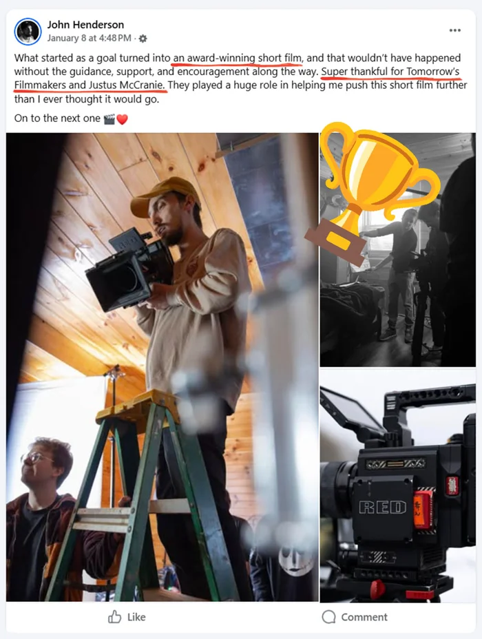 John Henderson on Facebook: What started as a goal turned into an award-winning short film. Super thankful for Tomorrow's Filmmakers and Justus McCranie.