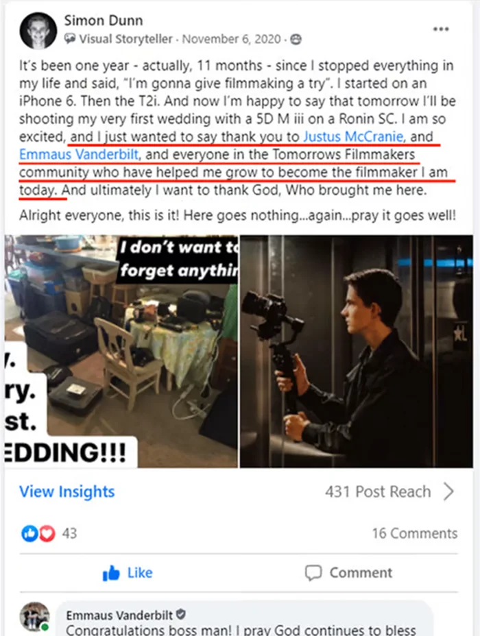 Simon Dunn on Facebook: I started on an iPhone 6, and now tomorrow I'll be shooting my very first wedding. Thank you to everyone in the Tomorrow's Filmmakers community who helped me grow.