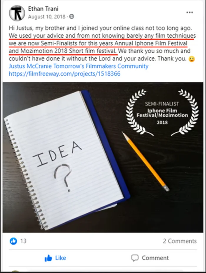 Ethan Trani on Facebook: from not knowing barely any film techniques, we are now semi-finalists for the iPhone Film Festival and Mozimotion 2018 short film festival.