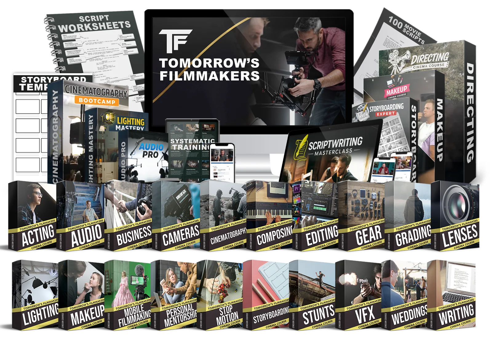 Every Tomorrow's Filmmakers course: acting, audio, business, cameras, composing, editing, gear, grading, lenses, lighting, makeup, stunts, VFX, weddings, writing and more