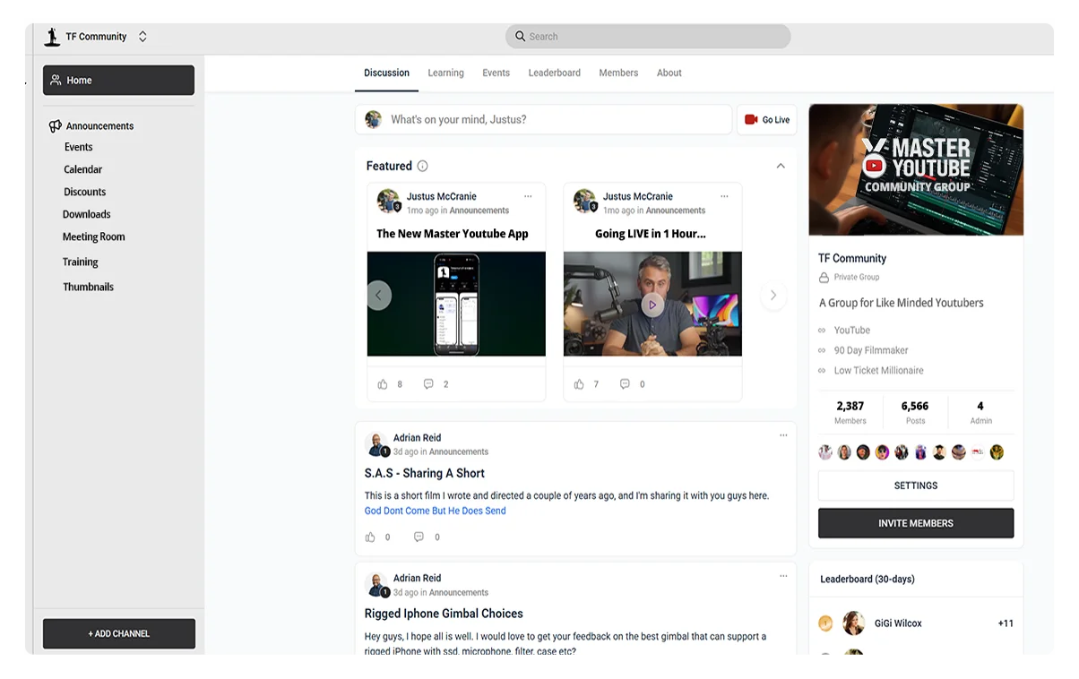 The Master YouTube community platform with posts, events, and 2,387 members