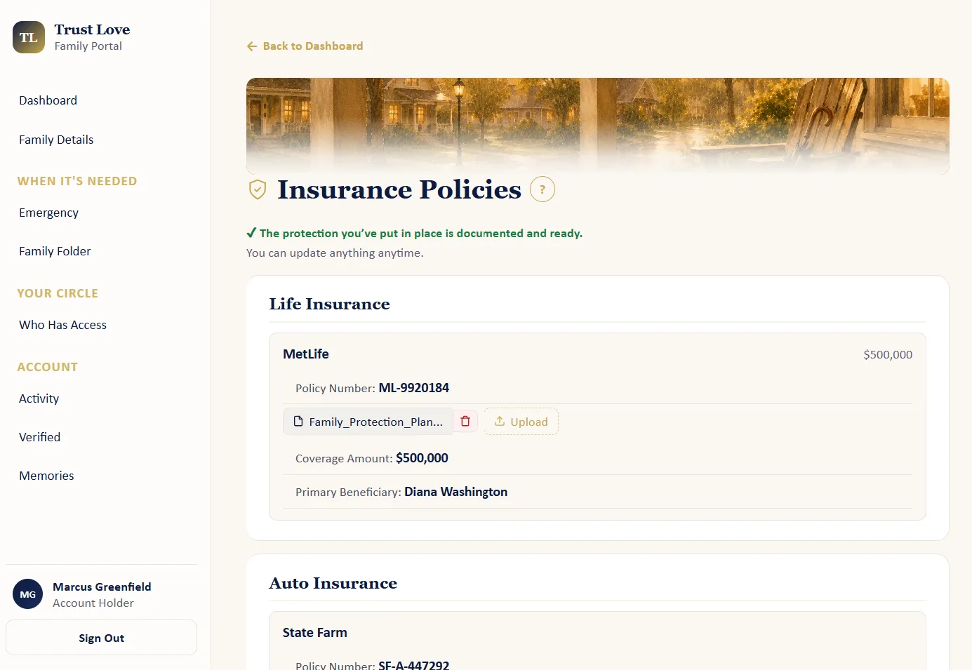 Insurance Policies section showing Life Insurance and Auto Insurance with carrier, policy number, and coverage details