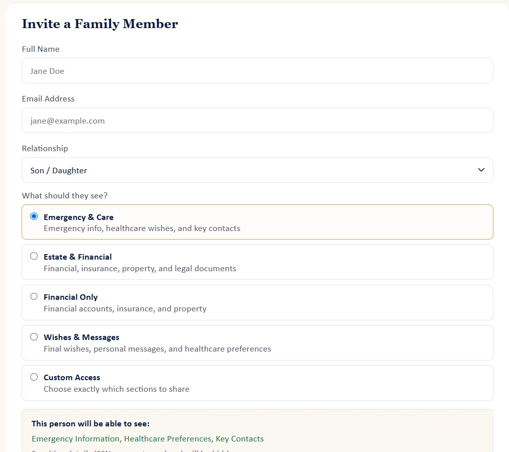 Invite a family member form with permission templates