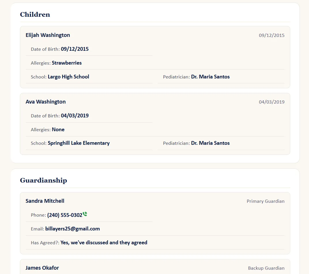 Children section showing individual child details, school information, and named guardian with agreement status