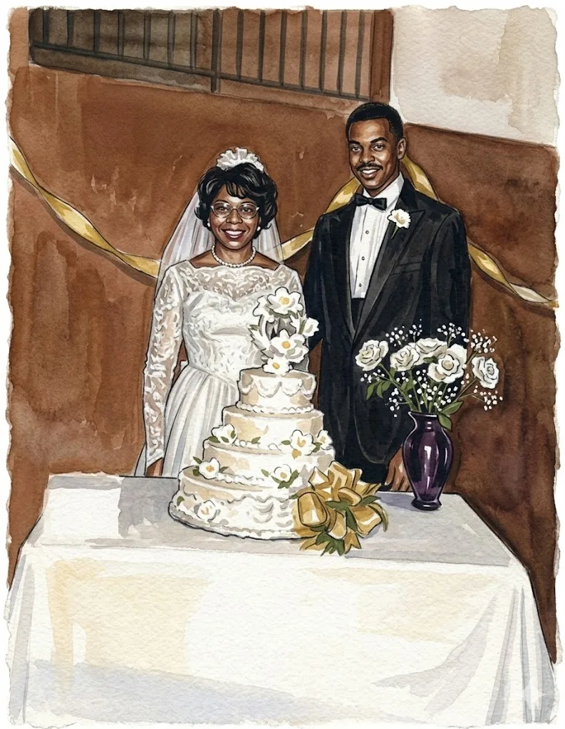 Watercolor illustration of a couple on their wedding day