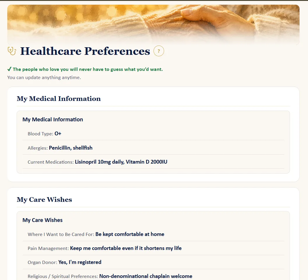 Healthcare Preferences section showing medical information, care wishes, and decision-maker details