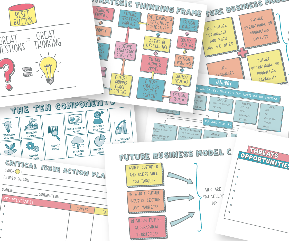 Collage of playful business strategy worksheets featuring critical issue planning, ten business components, future model charts, and creative question prompts in pastel hand-drawn style