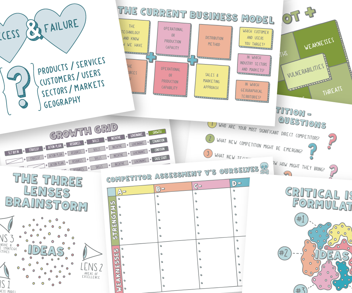 Collection of illustrated business planning tools including SWOT grid, competitor assessment, lens brainstorm, and growth grid, in friendly pastel and hand-drawn design