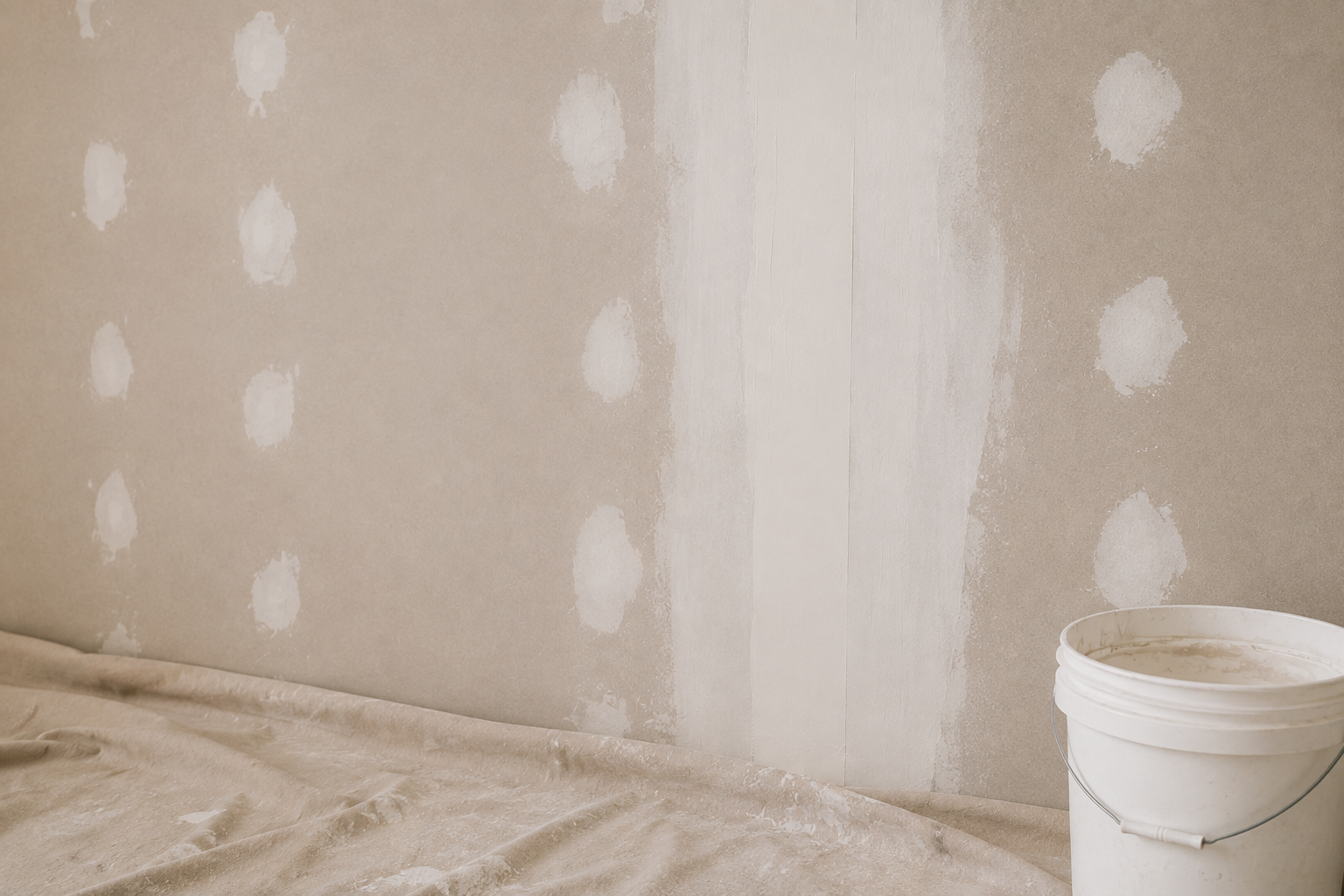 Wall being professionally prepared for wallpaper installation