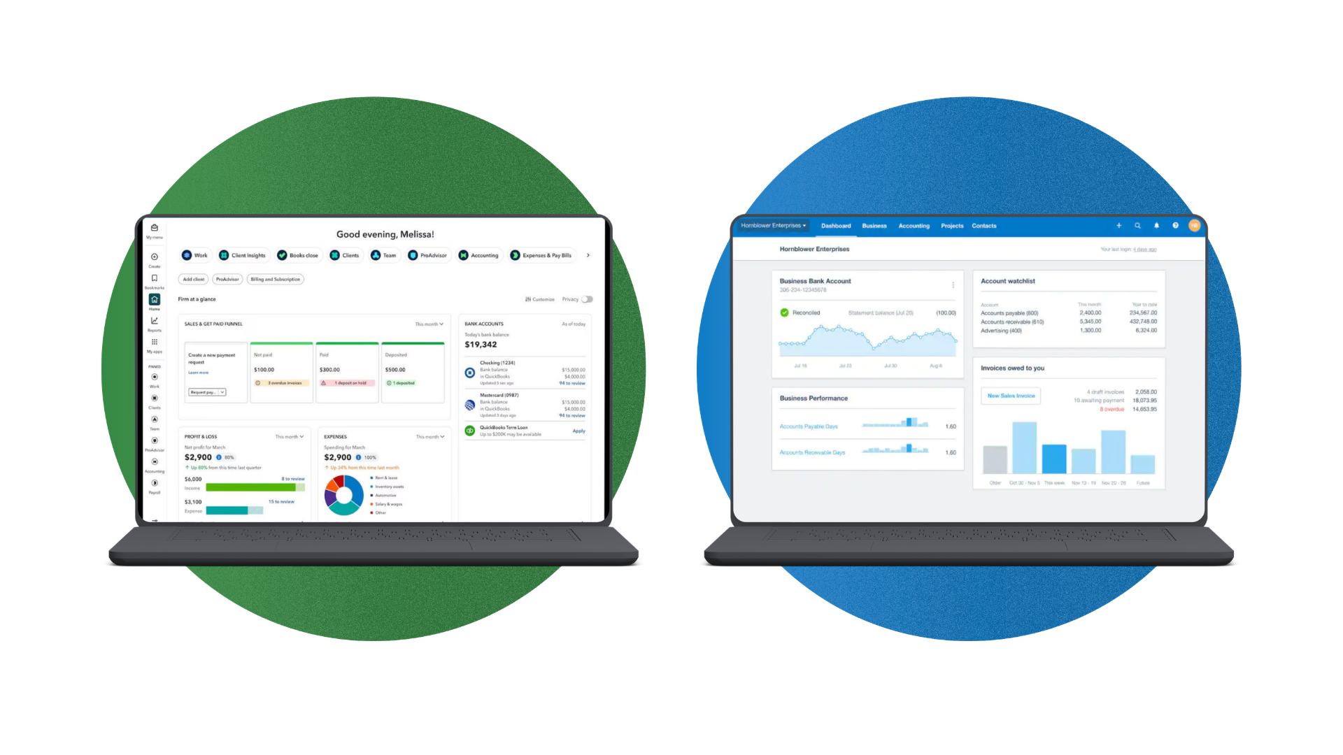 Side by side comparison of Xero analytics and QuickBooks AI insights on a laptop Side by side comparison of Xero analytics and QuickBooks AI insights on a laptop