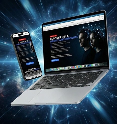 Landing page El poder de la mente subconsciente en laptop y celular