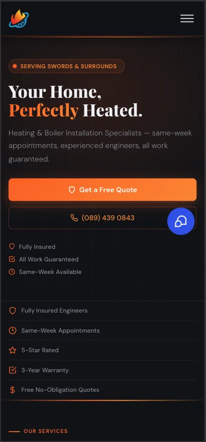 The live Fingal Heating website built by BookingFlow, shown on a phone
