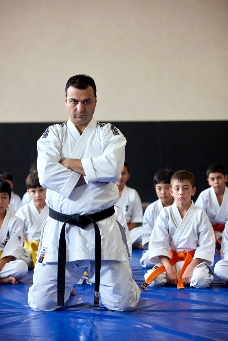 strict karate instructor teaching kids